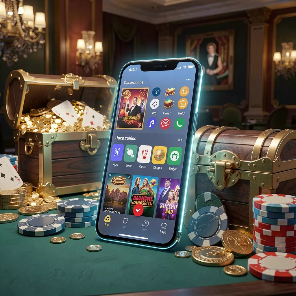 Glowing smartphone displaying 3Q777 Casino APK with Android-style app layout, surrounded by treasure chest, chips, and coins in a luxury 3D render