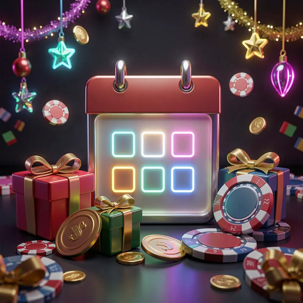 3Q777 weekly casino bonus concept featuring a calendar icon, gift boxes, coins, and chips on a festive dark background with neon glow in premium 3D style