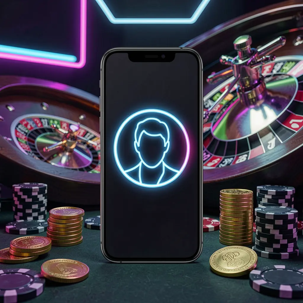 3Q777 online casino login screen featuring a modern phone with glowing profile icon, roulette lights in the background, golden coins and poker chips in a premium dark neon atmosphere