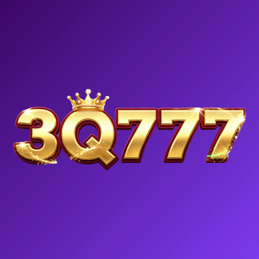 3Q777 dynamic casino-style logo featuring massive bold lettering in bright gold and crimson colors with a glowing crown and sparkling light effects on a transparent background, designed as a horizontal rectangular wordmark for website header