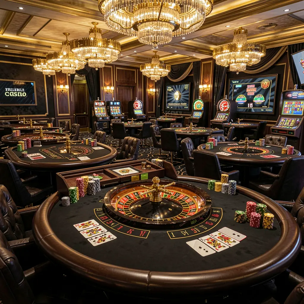 3Q777 luxury online casino lobby with glowing roulette tables, golden lights, poker chips and cards in a premium black and gold design